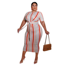 Stripe print lace up fashion plus size dress with stripe women clothing